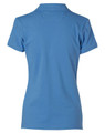 A ladies' polo shirt in a light blue colour, featuring a standard polo collar and a logo on the back.