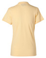 A yellow ladies' polo shirt with a simple design and short sleeves, featuring a logo on the back.