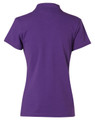 A purple ladies' polo shirt featuring a classic short sleeve design and a collar, with a logo on the back.