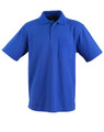 A blue short sleeve polo shirt with a pocket and a logo on the chest area.
