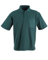 A green pocket short sleeve polo shirt with a four-button placket and a chest pocket. It has a logo on the front.