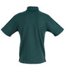 A dark green short sleeve polo shirt with a collar and a logo. The back features a simple design.