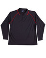 A long-sleeve black polo shirt with red detailing and a collar. It features a logo on the chest area.