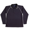 A black long-sleeve polo shirt with raglan sleeves and white piping detail. It features a collar and buttons.