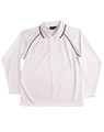 A white long-sleeve polo shirt with black piping and a collar. The shirt features a logo.