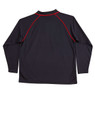 A black long-sleeve polo shirt featuring red raglan stitching and a logo on the back.