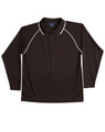 A brown long-sleeve polo shirt with raglan sleeves and contrast piping. Features a logo at the collar.