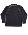 A black long-sleeve polo shirt with yellow detailing and a collar. Features a logo on the front.