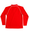 A red long-sleeve polo shirt with a raglan design and contrasting white piping. It has a branded logo.