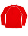 A red ladies' long-sleeve polo shirt featuring a raglan design and a branded logo.