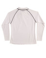 A long-sleeve white polo shirt with a black trim and a logo on the back.