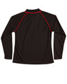 A black long-sleeve polo shirt with red accents and a logo on the back.