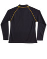 A black long-sleeve polo shirt featuring yellow raglan seams and a collar. It has a logo on it.