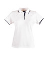 A white polo shirt featuring a collar with navy detailing and a logo.
