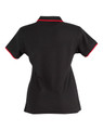 A black ladies' polo shirt with a red collar trim and a logo on the back.