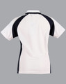 A white and navy polo shirt with a sporty design and a logo on the back.