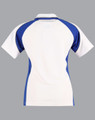 A polo shirt in blue and white with a logo, featuring a classic collar and short sleeves.