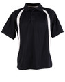 A black polo shirt with white side accents and a collar, featuring buttons and short sleeves.