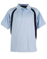 A light blue polo shirt featuring black side panels and a collar, with a logo on the chest.