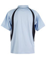 A light blue polo shirt with black side panels and a collar. Features a logo on the design.