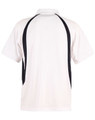 A white polo shirt featuring black side panels and a collar. The back has a logo prominently displayed.