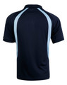 A navy blue polo shirt with light blue accents and a logo on the back. Features a classic collar and short sleeves.