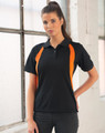A black polo shirt with orange accents, featuring a collar and short sleeves. It has a logo on the chest.