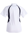 A white polo shirt with black side panels and a collar, featuring a logo on the back.