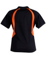A black polo shirt featuring orange accents on the sides and a collar. The back view is displayed.