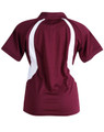 A maroon polo shirt featuring white accent panels and a collar. The shirt has a logo on the back.