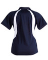 A navy blue ladies' polo shirt featuring white accents and a logo on the upper back.