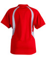 A red polo shirt featuring white accents and a branded logo on the back.