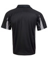 A black polo shirt featuring grey detailing and a logo on the back.