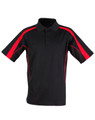 A black polo shirt with red accents and a collar, featuring short sleeves and a logo.