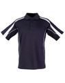 A navy polo shirt with white accents and a logo. It features a classic collar and short sleeves.