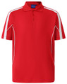 A red polo shirt with short sleeves, featuring white side stripes and a logo on the chest.