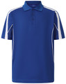 A blue polo shirt featuring white detailing and a logo, designed with a short sleeve style.