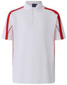 A white polo shirt with red accents and a collar, featuring a logo on the chest.
