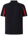 A navy blue polo shirt with red accents and a logo on the back. Short sleeves and a sporty design.