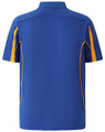 A blue polo shirt with yellow accents and a logo on the back, featuring a classic collar and short sleeves.