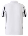 A white short sleeve polo shirt featuring navy detailing and a logo. The back displays a sporty design.