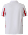 A white polo shirt with red accents, featuring short sleeves and a back view. It has a logo on the upper back.
