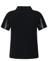 A black polo shirt featuring grey detailing and a logo on the back.