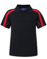 A kids' short-sleeve polo shirt in navy blue with red accents and a branded logo.