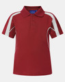 A red polo shirt featuring white accent panels and a classic collar, with three buttons at the front.