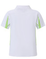 A white kids' polo shirt with green accents on the sides and a collar, featuring a logo.