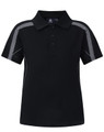 A black kids' polo shirt featuring grey accents and a collar, with a logo on the chest area.