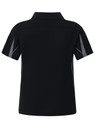 A black polo shirt for kids with grey side panels and a collar, featuring a logo on the back.