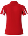 A red polo shirt with white detailing, featuring a collar and short sleeves. It has a logo on the chest.