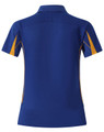 A blue short sleeve polo shirt with orange accents and a logo on the upper chest area.
